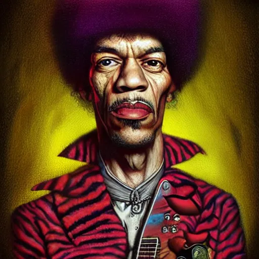 Image similar to surrealism grunge cartoon portrait sketch of Jimi Hendrix, by michael karcz, loony toons style, freddy krueger style, horror theme, detailed, elegant, intricate