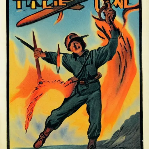 Prompt: wartime propaganda piece featuring an angel holding a flaming sword, flying in the sky