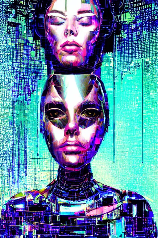 Prompt: wideangle portrait, digital painting, an beautiful, sleeping hacker girl, cybernetic, madness, decoherence, synthwave, glitch!!, fractured reality, glitter, realistic, hyperdetailed, concept art, art by syd mead, cubism