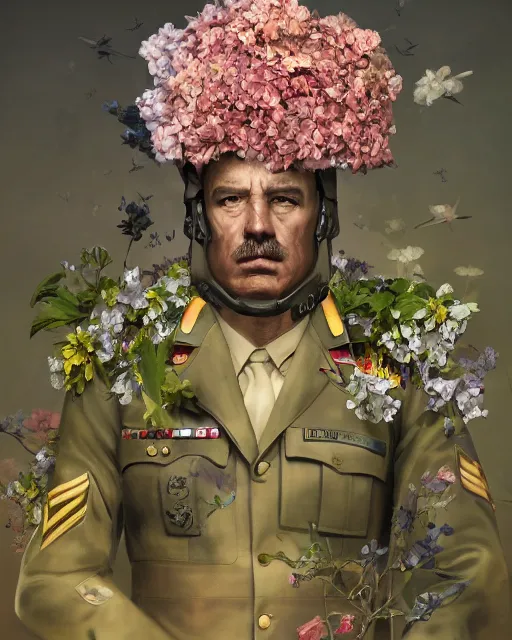 Image similar to a beautiful portrait photo of a angry military general man in uniform, looking very angry, covered by hibiscus, daffodils, hydrangea, montsera leaves by tom bagshaw and zach sutton, explosion of flowers, very detailed, artstation, 8 k