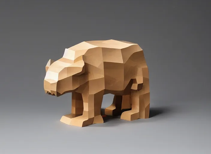 Image similar to a minimalist curvy shaped sculpture of hippopotamus!, wood and epoxy on top, cubic blocks stripes cuts, side view profile centered, studio, design, object, reddit