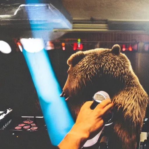 Image similar to instagram photo of a dj hip hop grizzly bear spinning turn tables and holding a microphone