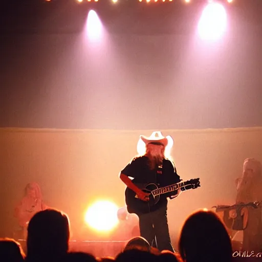 Image similar to willie nelson on stage, four fingers holdingguitar. god rays through fog.