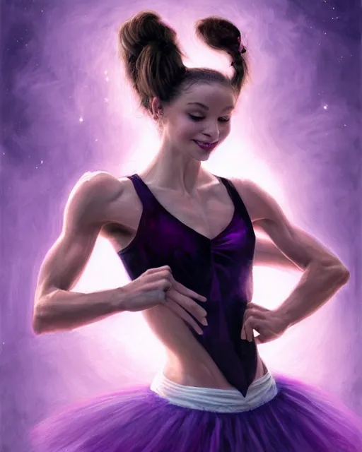 Image similar to young brook shields as a ballerina, perfect face, purple halter top, black hair, abs, cinematic, young adult, slim face, stunning, adorable, cute, athletic, strong, agile, highly detailed, psychedelic, digital painting, artstation, smooth, hard focus, illustration, art by jessica rossier and and brian froud