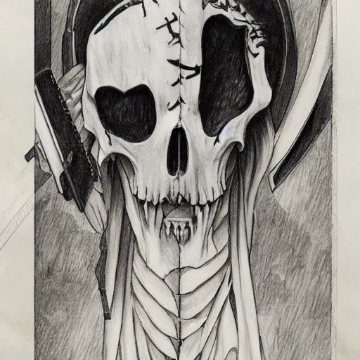 Image similar to A anime still of a grim reaper by Takeshi Obata, skeleton face symmetrical face,symmetrical body, worn clothes, military boots, pencil art on paper