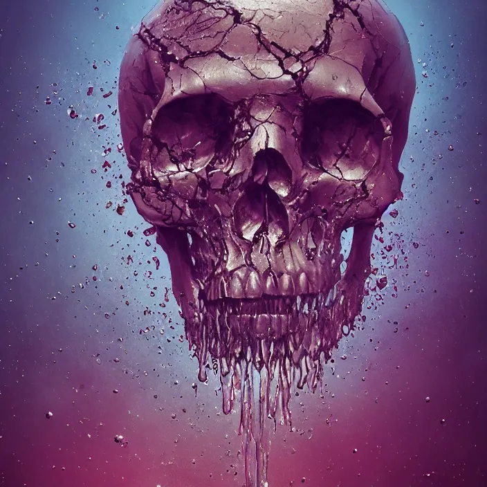 Image similar to a melting dripping human skull. intricate abstract. intricate artwork. by Tooth Wu, wlop, beeple, dan mumford. octane render, trending on artstation, greg rutkowski very coherent symmetrical artwork. cinematic, hyper realism, high detail, octane render, 8k, depth of field, bokeh. iridescent accents