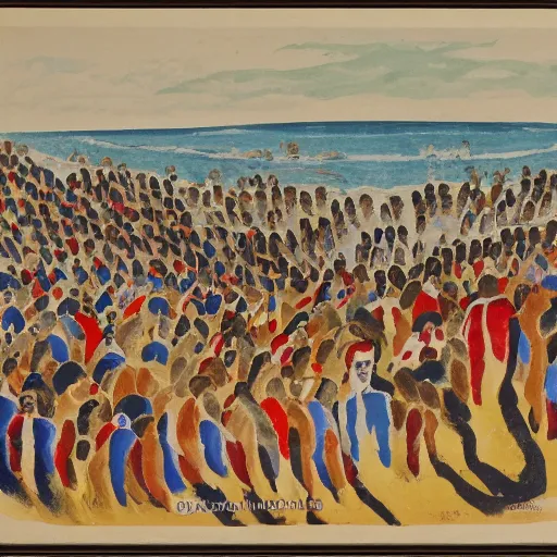Prompt: This print depicts a scene from the Spanish Civil War, which was a time of great turmoil and strife in Spain. The print shows a group of people on a beach, with the ocean in the background. The people in the print are all different sizes and shapes, and they are all looking in different directions. The print is full of color and movement, and it is very expressive. The print is also very powerful and emotional, and it has a very strong impact on the viewer. Shutterstock by Antoine Blanchard perspective