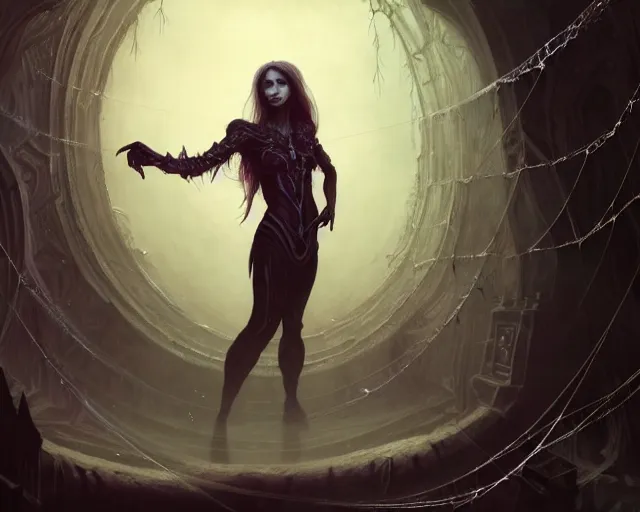 Prompt: a 4 k cinematic screenshot still portrait of a vampire in a dark liminal space room surrounded by spider webs, deep focus, d & d, fantasy, intricate, elegant, highly detailed, digital painting, art station, concept art, matte, sharp focus, illustration, dark fantasy style art, hearthstone, art by artgerm and greg rutkowski and alphonse mucha