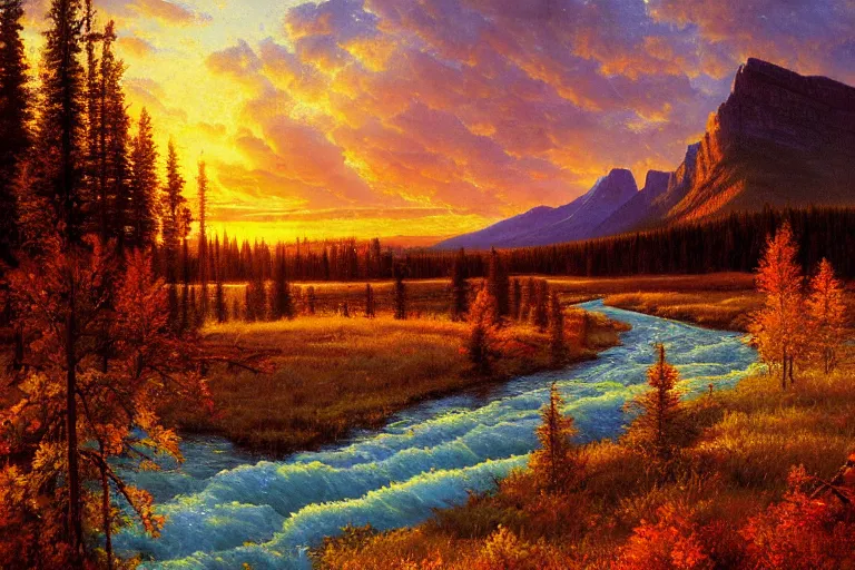 Prompt: an epic landscape painting of rundle mountain in alberta canada, at sunset in autumn, with a small river in the foreground, painted by albert bierstadt, atmospheric, volumetric lighting, vibrant colors, rays of light, breathtaking, highly detailed