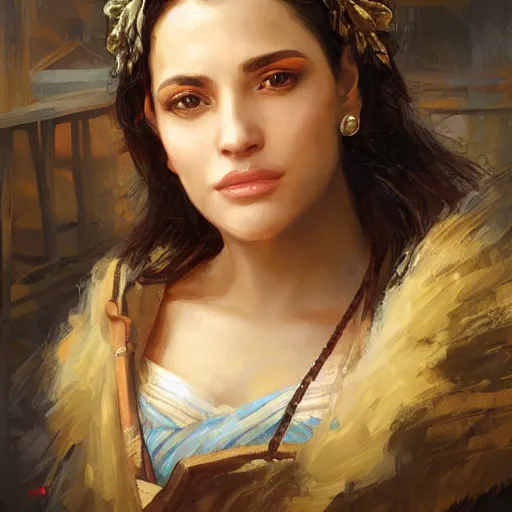 Image similar to portrait of a greek woman ( 3 5 ) from greece in 2 0 2 1, an oil painting by ross tran and thomas kincade