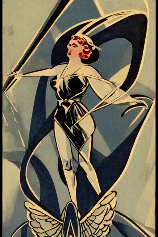 Prompt: a valkyrie taking flight, art deco