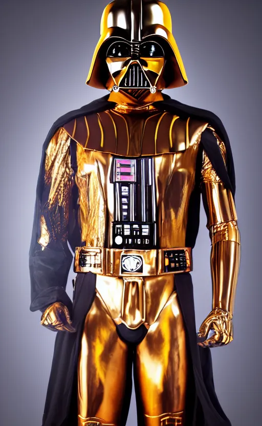 Image similar to A phone wallpaper of a full body golden Darth Vader suit in a black room, studio lighting,