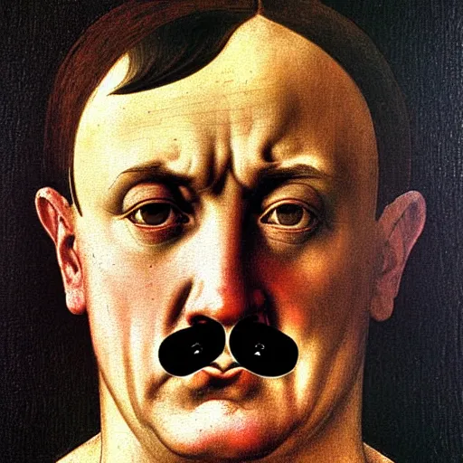 Prompt: Facial portrait. Adolf Hitler, looking at the camera, happy. awe inspiring mood, uplifting, extremely detailed painting. by Botticelli, Michelangelo and Leonardo da Vinci.