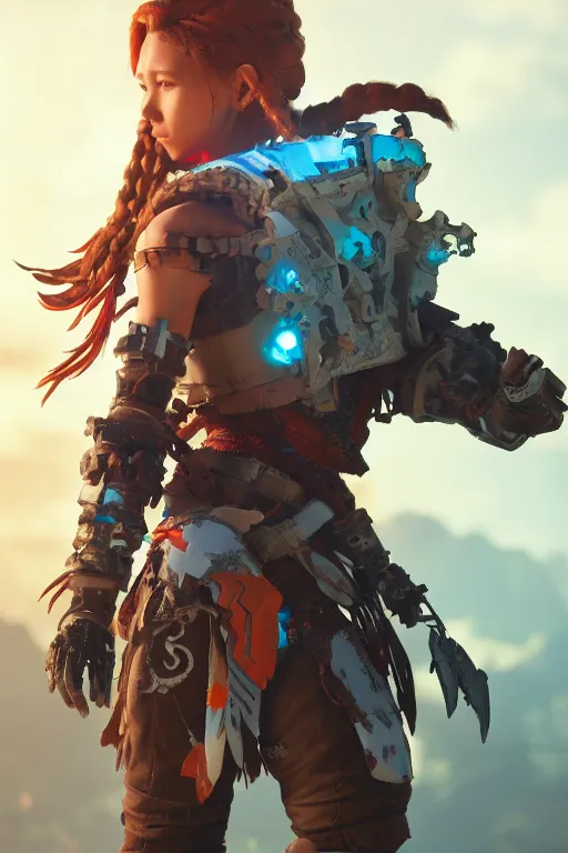 Image similar to combination suit armor aloy horizon forbidden west horizon zero dawn robot ninja mask helmet backpack tribal, aesthetic octane render, 8 k hd resolution, by ilya kuvshinov and cushart krentz and gilleard james radiating a glowing aura cgi rtx 2 0 2 2