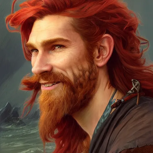 Image similar to portrait of a young ruggedly handsome but joyful pirate, male, masculine, upper body, red hair, long hair, d & d, fantasy, joyful smirk, intricate, elegant, highly detailed, digital painting, artstation, concept art, matte, sharp focus, illustration, art by artgerm and greg rutkowski and alphonse mucha