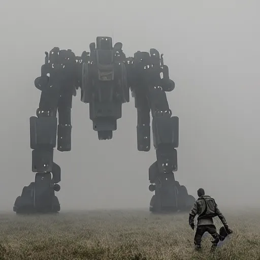 Image similar to gigantic mecha walking, dense fog, jakob rozalski