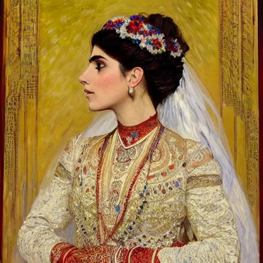 Image similar to full body portrait of a beautiful Kurdish bride wearing a beautiful wedding dress, very detailed eyes, hyperrealistic, beautiful and symmetrical face, very detailed painting by Claude Monet and Alphonse Mucha, ornate, trending on artstation, extremely high detail, incredibly intricate