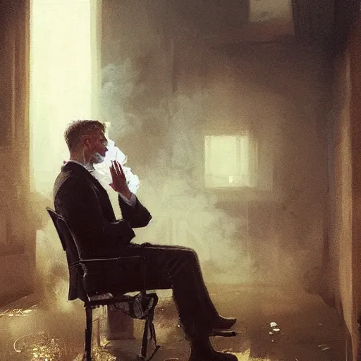 Prompt: man smoking at a funeral geog darrow greg rutkowski