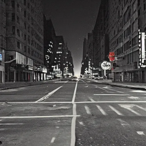 Image similar to color photograph, highly detailed abandoned New York city street at night after the war between humans and AIs, film grain, soft vignette, sigma 85mm f/1.4 1/10 sec shutter, film still promotional image, IMAX 70mm footage