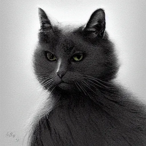 Prompt: a big indifferent looking dark grey cat with white belly, white paws and white face markings with long fur and fluffy tail sitting, intricate, elegant, highly detailed, digital painting, artstation, concept art, matte, sharp focus, illustration, art by Artgerm and Greg Rutkowski and Alphonse Mucha