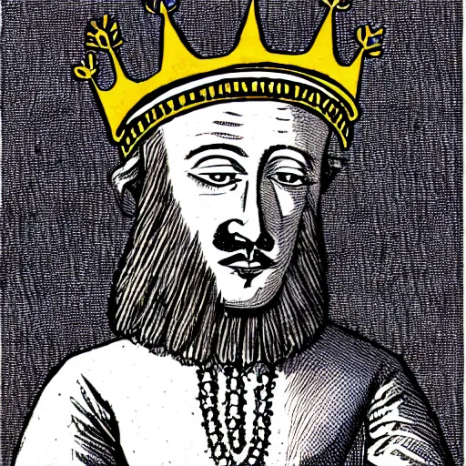 Prompt: old illustration of a king wearing a crown with a velvet pig mask on