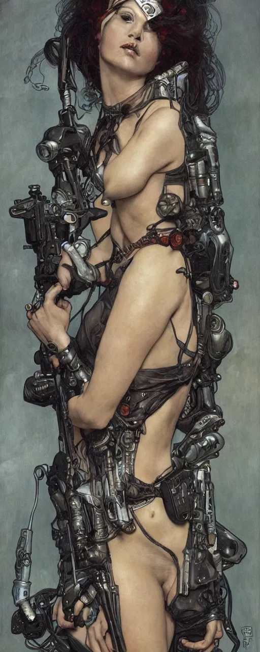 Image similar to striking sensual indudtrial art nouveau style portrait of cristina ricci as an cyberpunk heavy metal rebel soldier by travis charest, simon bisley and alphonse mucha, photorealism, extremely hyperdetailed, perfect symmetrical facial features, perfect anatomy, ornate declotage, weapon, latex, excited expression, wild eyes