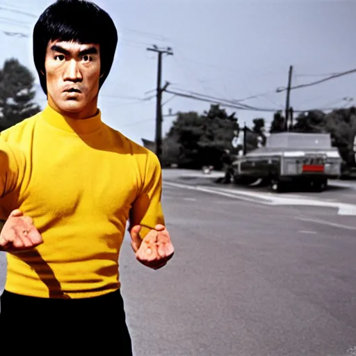 Image similar to 8 k portrait photograph of bruce lee standing in front of a wafflehouse