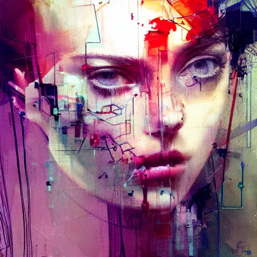 Image similar to portrait of a beautiful young woman cyber dreamer glitchcore wires, machines, by jeremy mann, francis bacon and agnes cecile, and dave mckean ink drips, paint smears, digital glitches glitchart