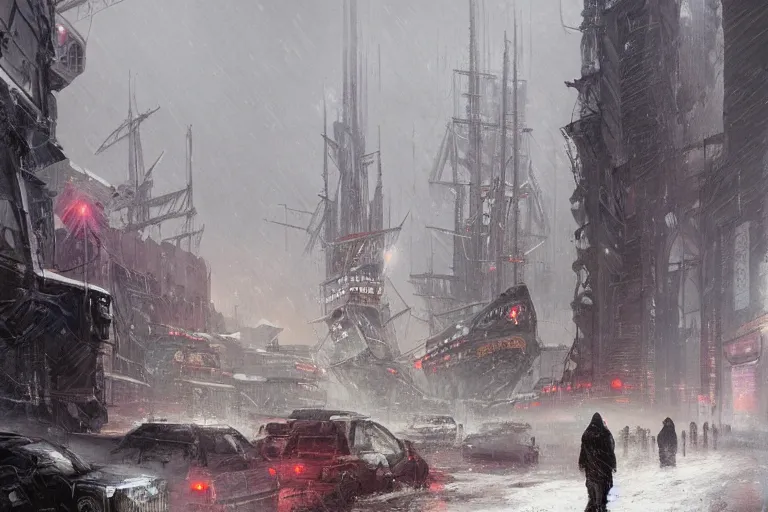 Image similar to cyberpunk depiction of the city of gdansk during arctic conditions by greg rutkowski