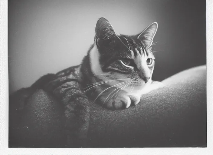 Image similar to photography polaroid of a Jack Cat . watching outside the window. on a bed. in a 70's room full of vinyls and posters, photorealistic, award winning photo, 100mm, sharp, high res