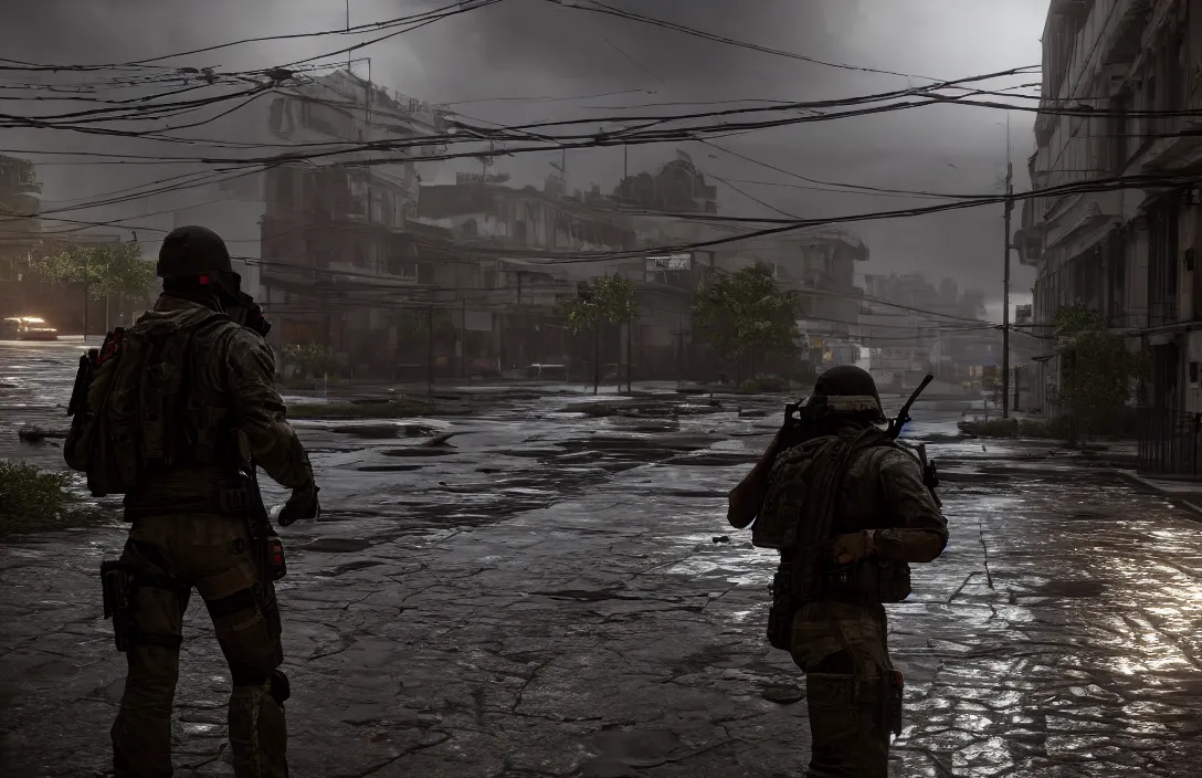 Prompt: still next - gen ps 5 game call of duty warzone 2 0 2 4 remaster, graphics mods, heavy rain at night, mexican abandoned city, rtx reflections, abandoned buildings, photorealistic screenshot, extremely detailed, unreal engine, 4 k, 5 0 mm bokeh, close - up hammer h 1, call of duty remastered, artstation