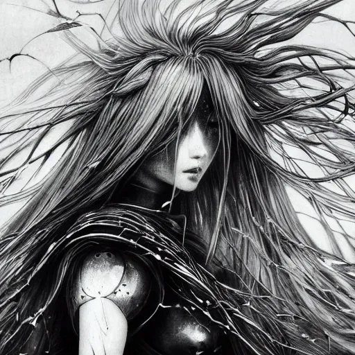 Image similar to yoshitaka amano blurred and dreamy illustration of an anime girl with wavy white hair and cracks on her face wearing elden ring armour with the cape fluttering in the wind, abstract black and white patterns on the background, noisy film grain effect, highly detailed, renaissance oil painting, weird portrait angle
