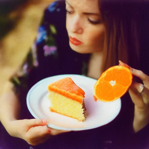 Prompt: woman eating orange cake, color film photography, 5 0 mm film