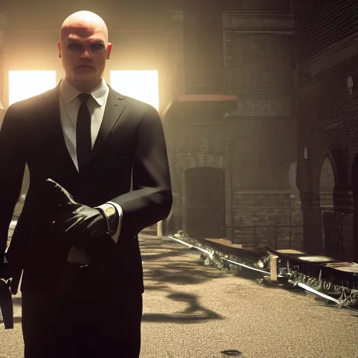 Image similar to agent 4 7 crashing his own funeral, hitman, unreal engine 5, 4 k, anti aliasing