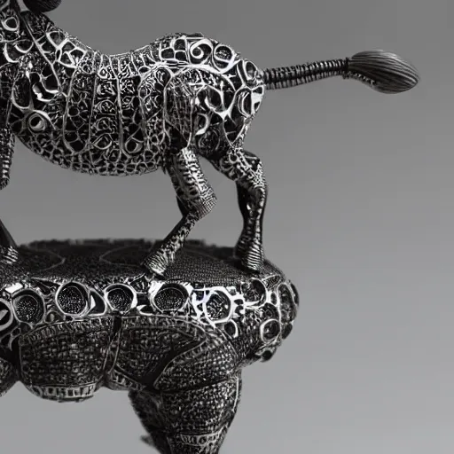 Prompt: hollow filigree zebra - shaped automata in silver and ebony, detailed 8 k, award - winning photography