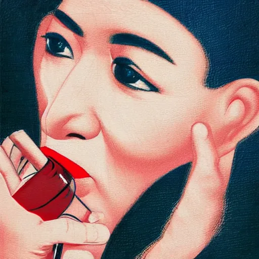 Image similar to cubistic illustration, close-up of an asian nurse with a piercing gaze drinking red wine, masterpiece, painted by Gottfried Helnwein in style of Albert Gleizes