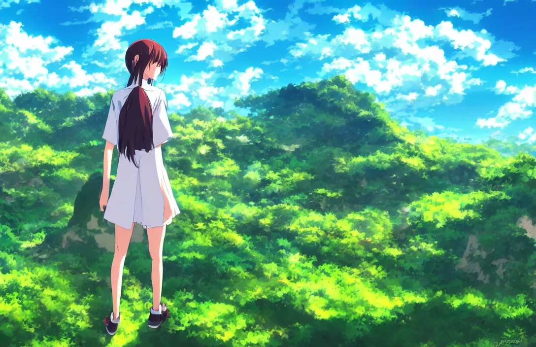 Image similar to an Anime Background Photo of a Valley with green plains and blue sky, with a cute anime girl standing, digital art, studio ghibli