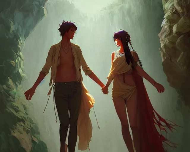 Image similar to a cinematic boy girl traditional romance moment, exploring the caves boho clothing, full body illustration, bestselling movie art poster, official media, 1970s fashion, dynamic lighting official anime media, incredible art by artgerm and greg rutkowski