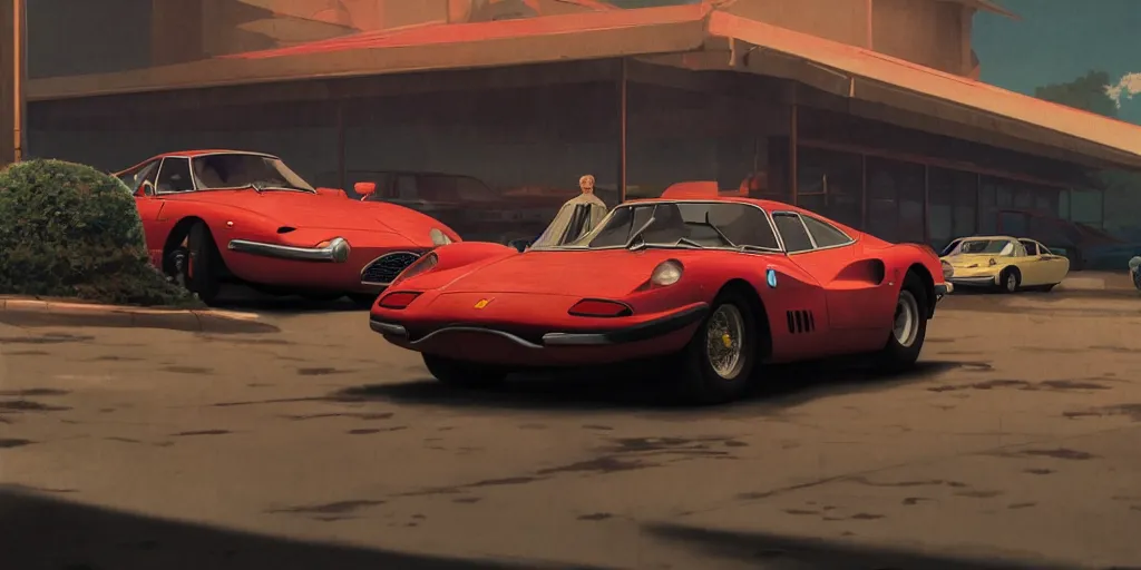 Image similar to a wholesome animation key shot of a focused old ferrari car in a car park, close shot, studio Ghibli, Pixar and Disney animation, sharp, very detailed, high resolution, Rendered in Unreal Engine 5, anime key art by Greg Rutkowski, Bloom, dramatic lighting