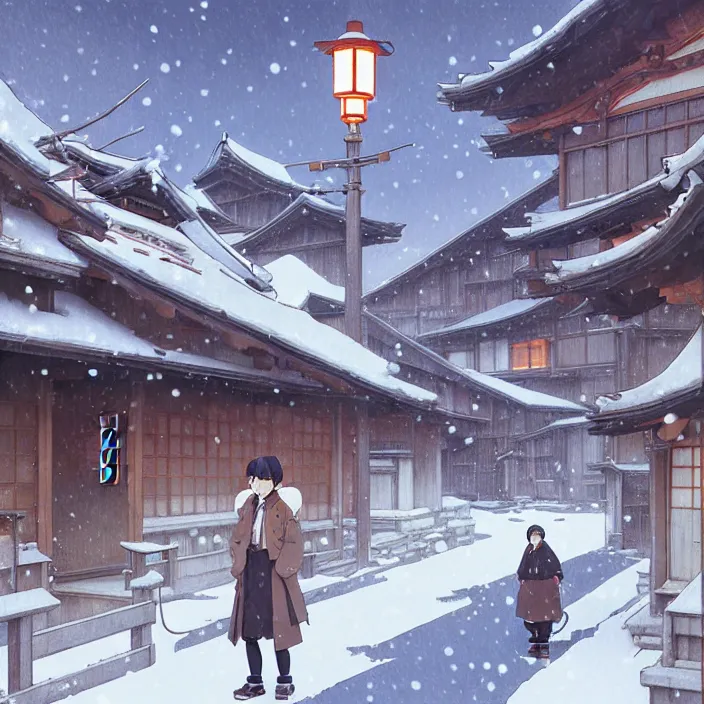 Image similar to japanese rural town, winter, in the style of studio ghibli, j. c. leyendecker, greg rutkowski, artem