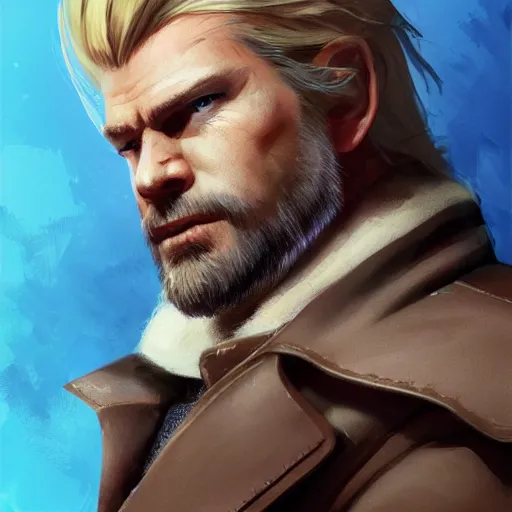 Image similar to portrait of a muscular, grim, ponytail haired blonde man in his late 30's, wearing a thick brown leather coat, looking to his side, scarred face, some beard, blue eyes, hunter, DnD character, fantasy character, digital art by Ruan Jia, Krenz Cushart, Rossdraws and Boris Vallejo