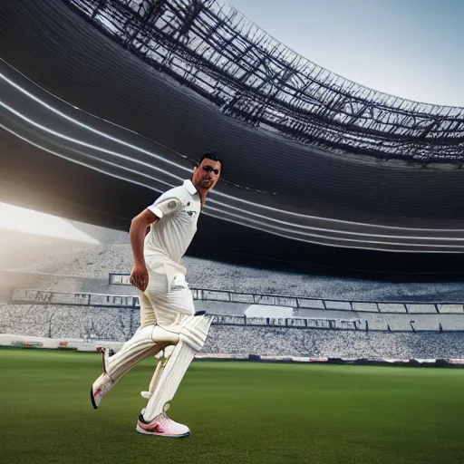 Image similar to ronaldo, playing cricket, large stadium, early morning, high - res, cyberpunk aesthetic