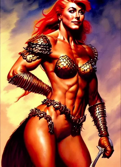 Image similar to a stunning medium shot portrait of julianne hough as a red sonja, digital art by frank frazetta and boris vallejo and julie bell and moebius, highly detailed, trending on artstation, hq