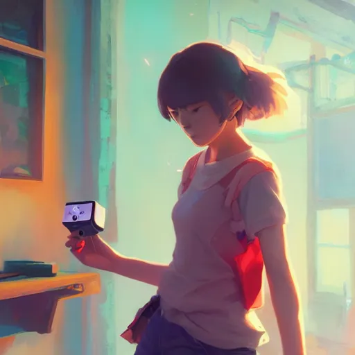 Prompt: girl playing a nintendo switch at home, drops around, particles, shiny, Studio Ghibli, animated, illustrated, vibrant, by Greg Rutkowski, artstation, oil painting, detailed, 4k, colorful