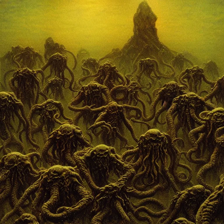 Prompt: a cinematic scene from the human soldiers fleeing cthulhu, lovecraft, concept art by beksinski and jean delville, dramatic lighting, ultra hd, hdr, 8 k