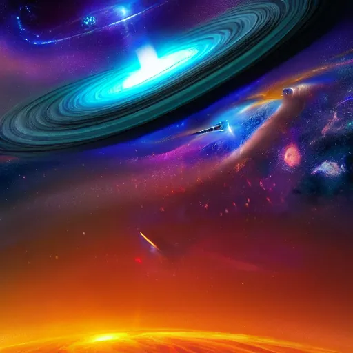 Image similar to glowing glorious 3D black hole in movie, intergalactic, space theme, galaxy colored, hyperdetailed, digital painting, trending on Artstation, cel-shading style, CG society, hyperdetailed, digital painting, hypermaximalist, golden ratio, volumetric, octane render, weta digital, micro details, 3d sculpture