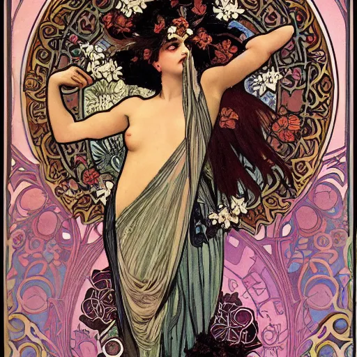 Image similar to persephone as goddess of death, flowers, dark, evil, painted by alphonse mucha