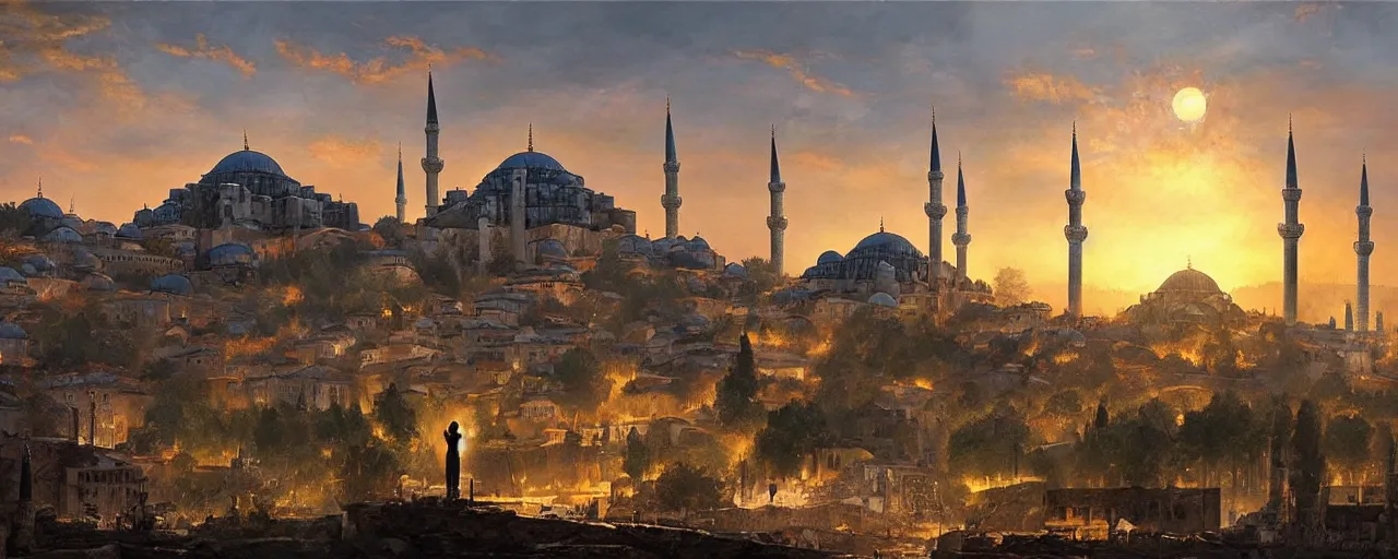 Image similar to a beautiful oil painting of medieval istanbul with ottoman people scenery landscape, lord of the rings,, rule of thirds, sunset, highly detailed, perfect lighting, perfect composition, 4 k, artgerm, derek zabrocki, greg rutkowski