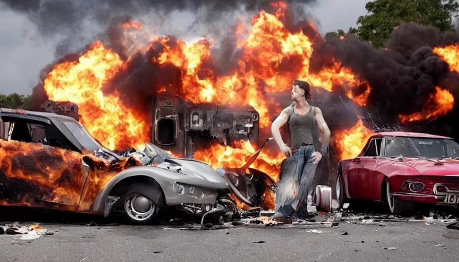 Image similar to Big budget movie where a hotrod crashes into a petrol station and explodes