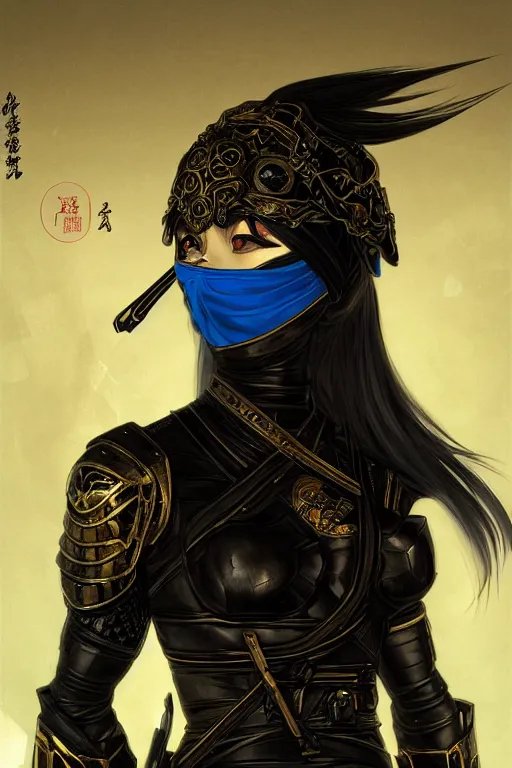 Image similar to portrait Ninja gaiden girl, armored black and blue ninja wardrobe, in ruin japanese rainny temple night, ssci-fi and fantasy, intricate and very very beautiful and elegant, highly detailed, digital painting, artstation, concept art, smooth and sharp focus, illustration, art by tian zi and WLOP and alphonse mucha